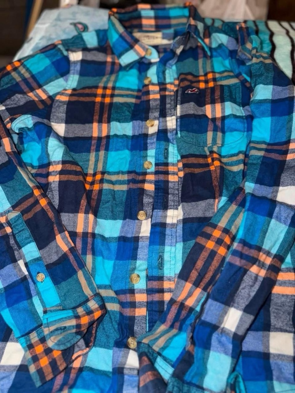 Hollister Blue and Orange Plaid Button-Down Shirt